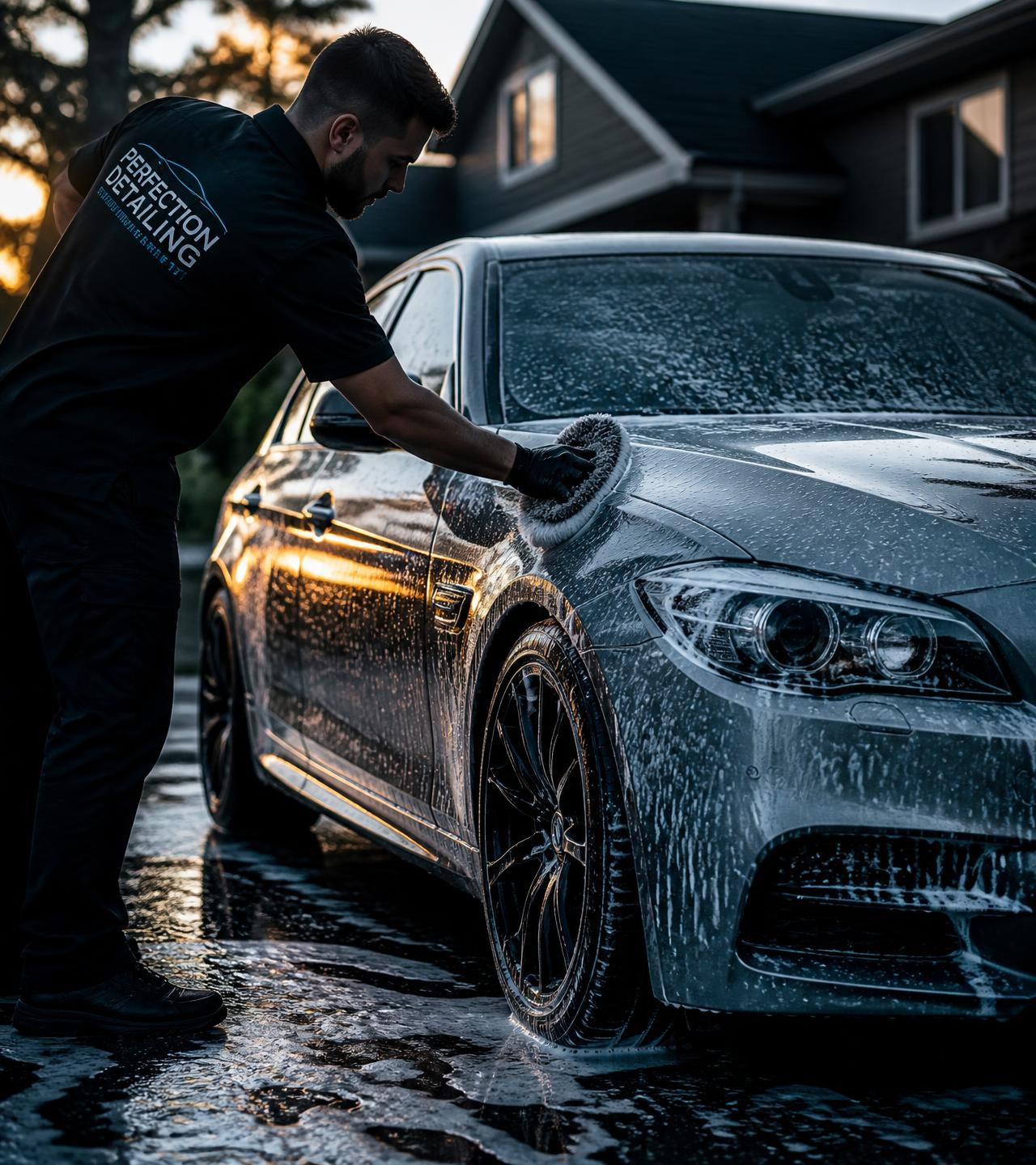 A FreshWash detailer hand-washing a foam-covered car in a driveway